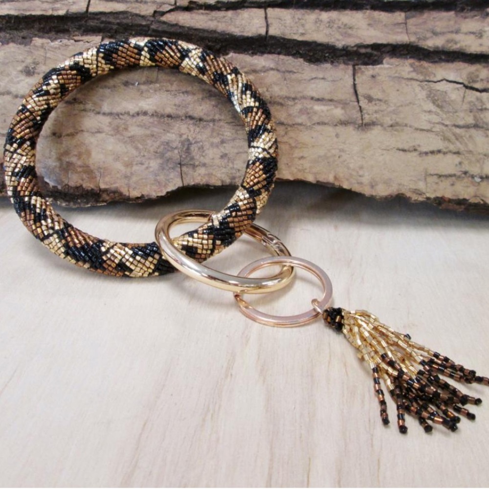 Frosty Gold Jungle Print Shimmer Bead Bangle Bracelet W/Key Ring Tassel